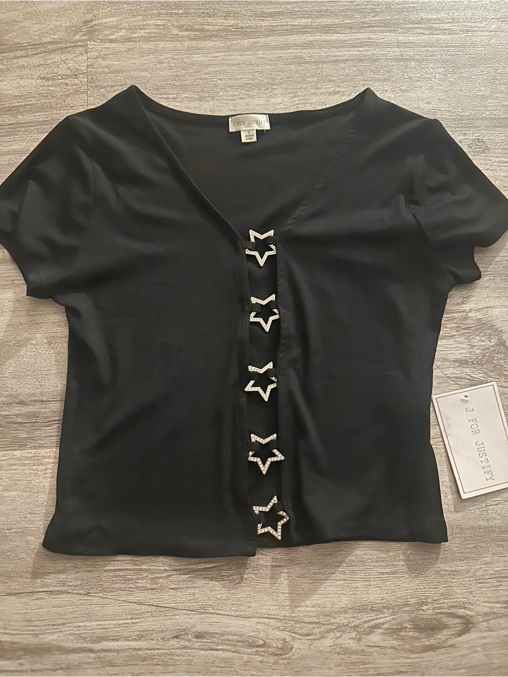 J for Justify Black Star-Embellished Short Sleeve Top